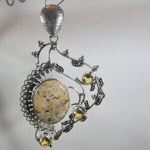 Dendritic Jasper Pendant – With Citrine Accents + 20" Silver Snake Chain